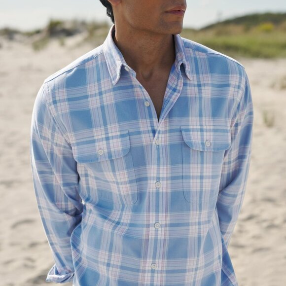 $165 Proper Cloth California Plaid Shirt XL Faded Blue Pink Rose 100% Cotton - Picture 1 of 9